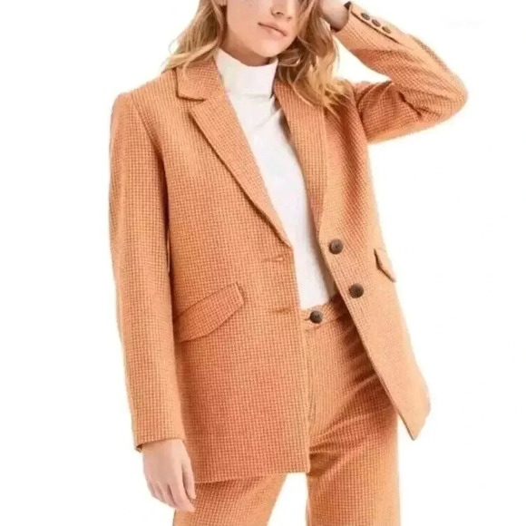 Mara Hoffman Tatum Beige Houndstooth Single Breasted Oversized Blazer Ja… - Picture 2 of 15